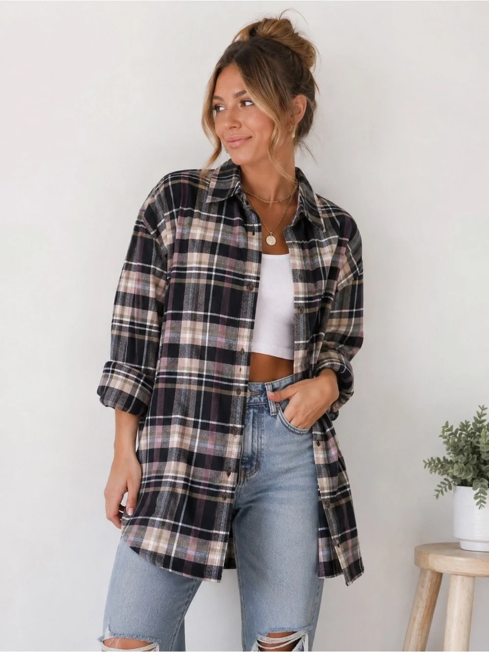 HUE Black & Pink Plaid Button-Down Shirt - Picture 4 of 7